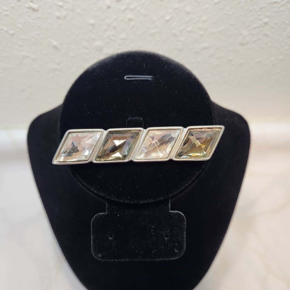 Vintage Ben-Amun Bar Brooch Faceted Diamond Crystals Clear & Green Signed